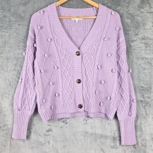 Womens Cardigan Medium Purple Sweater Cable Knit Cottage Fishermen Bobble Chunky